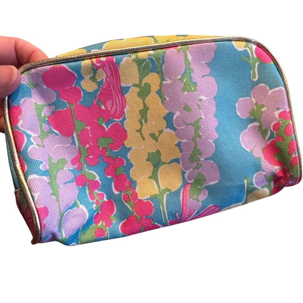 Lilly Pulitzer for Estee Lauder canvas makeup pouch gold trim pink yellow aqua - Picture 3 of 7